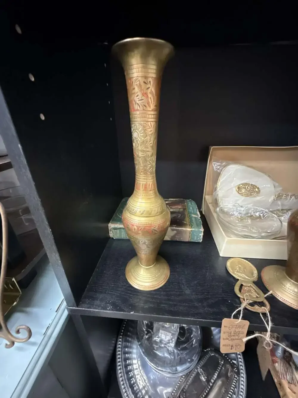 Vintage Hand-Etched Brass Vase with Red Enamel Floral Detailing